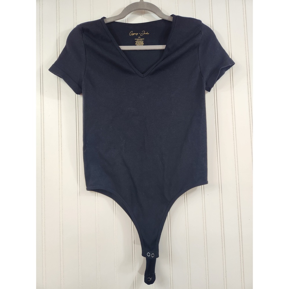 Gypsy + Jade Black Ribbed V-Neck Short Sleeve Bodysuit L/XL Style Stretchy